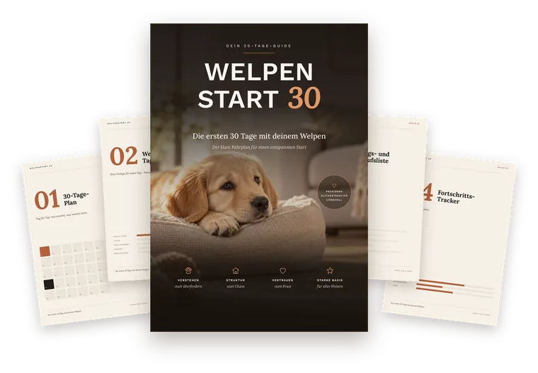 WELPENSTART 30: Haupt-E-Book „Die ersten 30 Tage mit deinem Welpen“ mit den vier Begleitern 30-Tage-Plan, Tagesroutine, Einkaufsliste und Fortschritts-Tracker