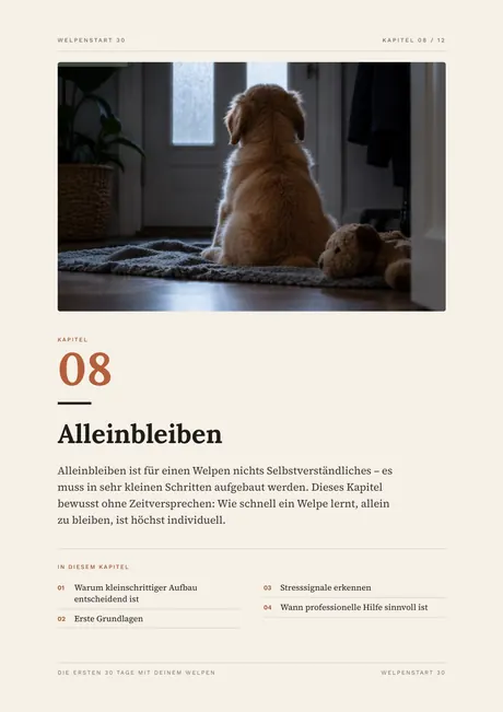 Beispielseite: Kapitelauftakt Kapitel 8 Alleinbleiben mit Foto eines Welpen vor der Tür