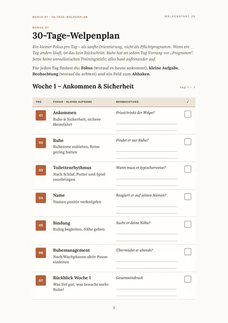Beispielseite aus dem 30-Tage-Welpenplan: Woche 1 zum Abhaken mit Schreiblinien